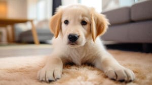 A golden retriever puppy lies on a fluffy carpet in the living r