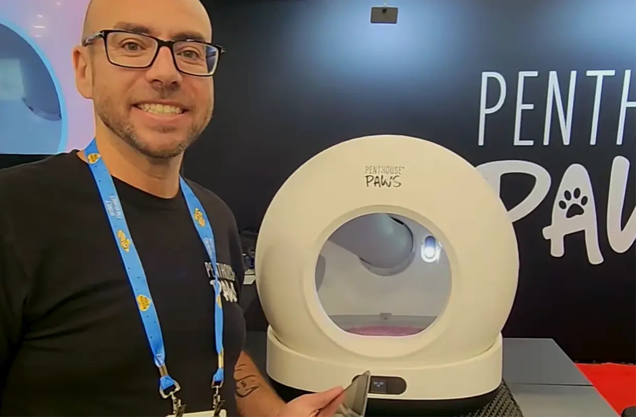 Nick Mikhail of Penthouse Paws shows off the Litter IQ Smart Self-Cleaning Cat Litter Box