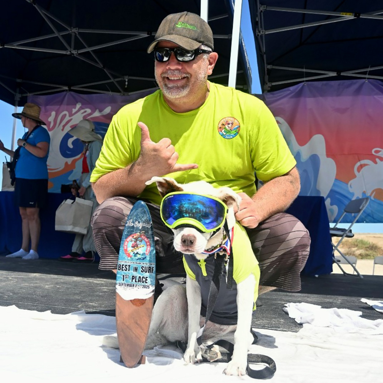 Faith the surf dog who took best in surf 1st place at 2025 Helen Woodward Surf Dog Surf A Thon